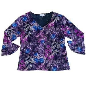 Vintage Y2K 2000s Floral Sheer Bell Sleeve V-Neck Shirt Top